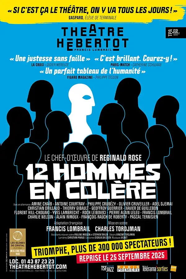 12 Hommes en colère, affiche, 11 silhouettes de personnages en noir, plus une en blanc sur fond bleu