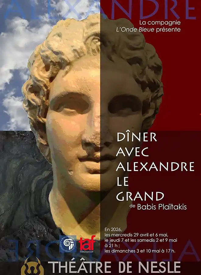 Dîner avec Alexandre Le Grand, affiche, buste d'alexandre en deux couleurs, coupées en son milieu