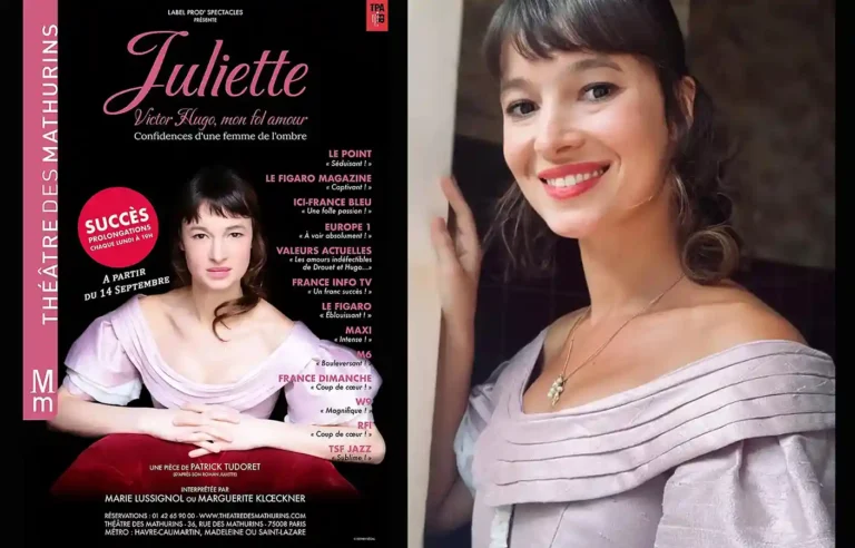 Juliette - Victor Hugo, mon fol amour, affiche sur la gauche et Marie Lussignol sur la droite, souriante