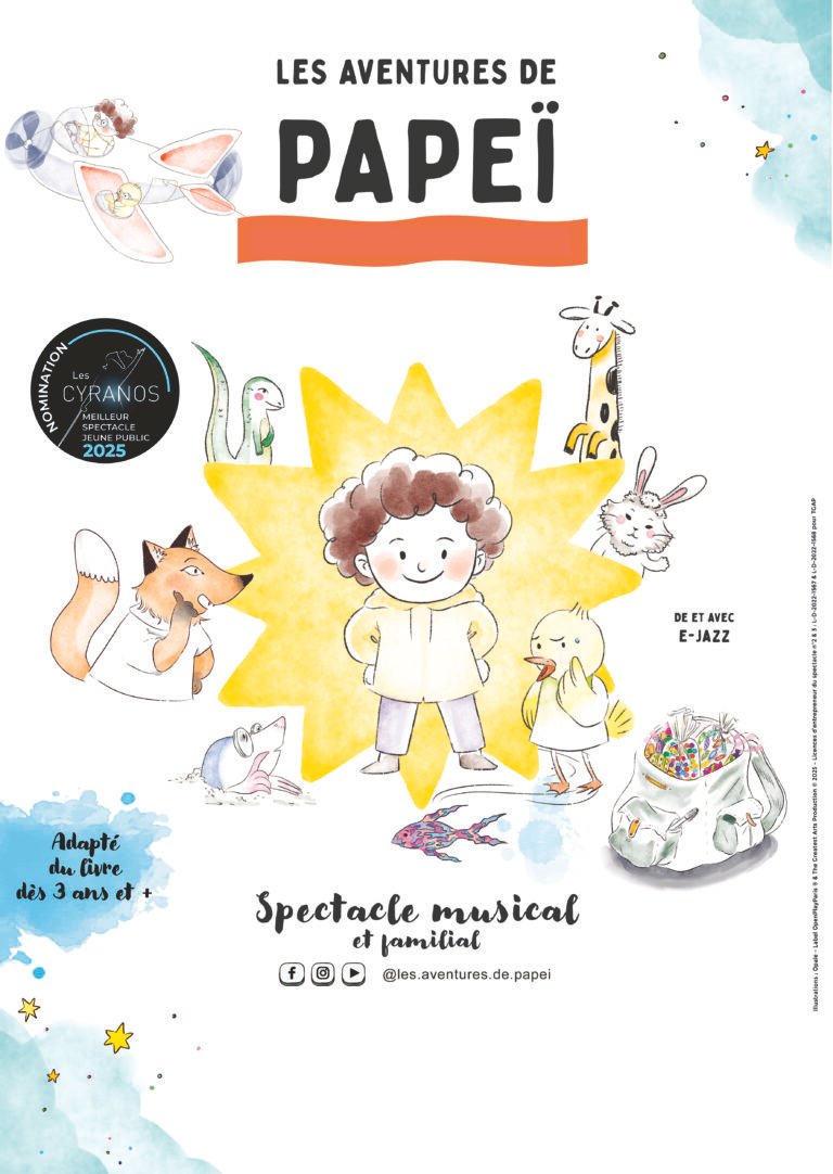 Interview de E-Jazz, Les aventures de Papeï – le sac de bonbons, spectacle musical pour les enfants, dessins enfantins sur l'affiche